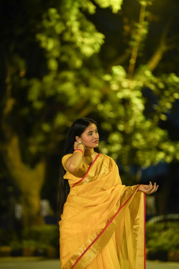 Haldi Pila Organza Banarasi Saree - Image 4